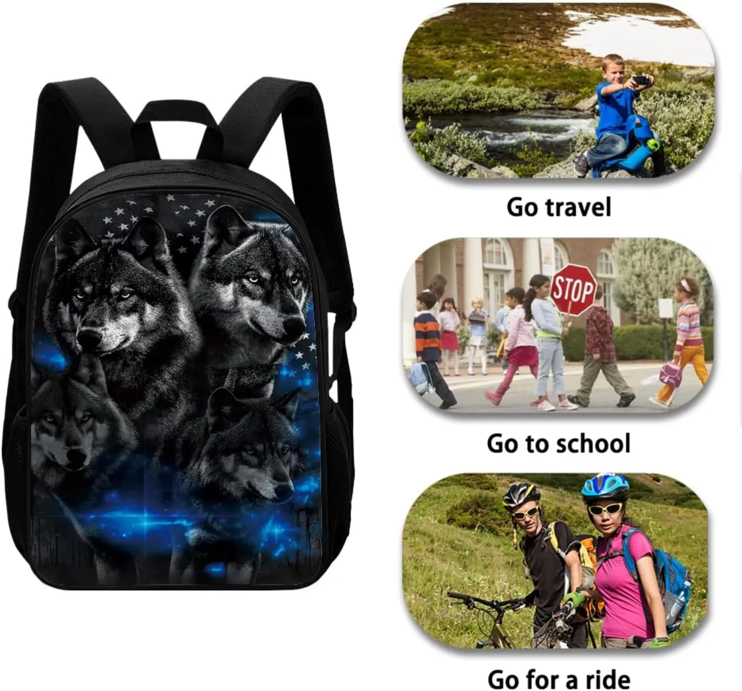 American Flag Wolf Backpack for Boys Kids Backpack with Lunch Box and Soft Pencil Pouch 3PCS Cute Bookbag Set for School Teens 17" Large School Bag with Side Pocket Casual Daypack Backpacks