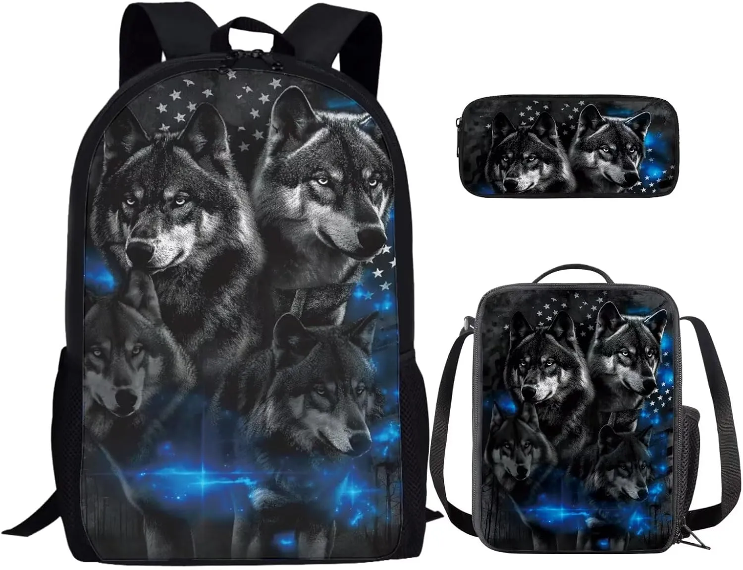 American Flag Wolf Backpack for Boys Kids Backpack with Lunch Box and Soft Pencil Pouch 3PCS Cute Bookbag Set for School Teens 17" Large School Bag with Side Pocket Casual Daypack Backpacks