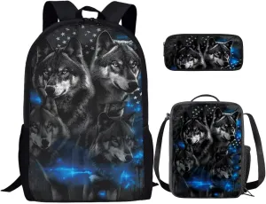 American Flag Wolf Backpack for Boys Kids Backpack with Lunch Box and Soft Pencil Pouch 3PCS Cute Bookbag Set for School Teens 17" Large School Bag with Side Pocket Casual Daypack Backpacks