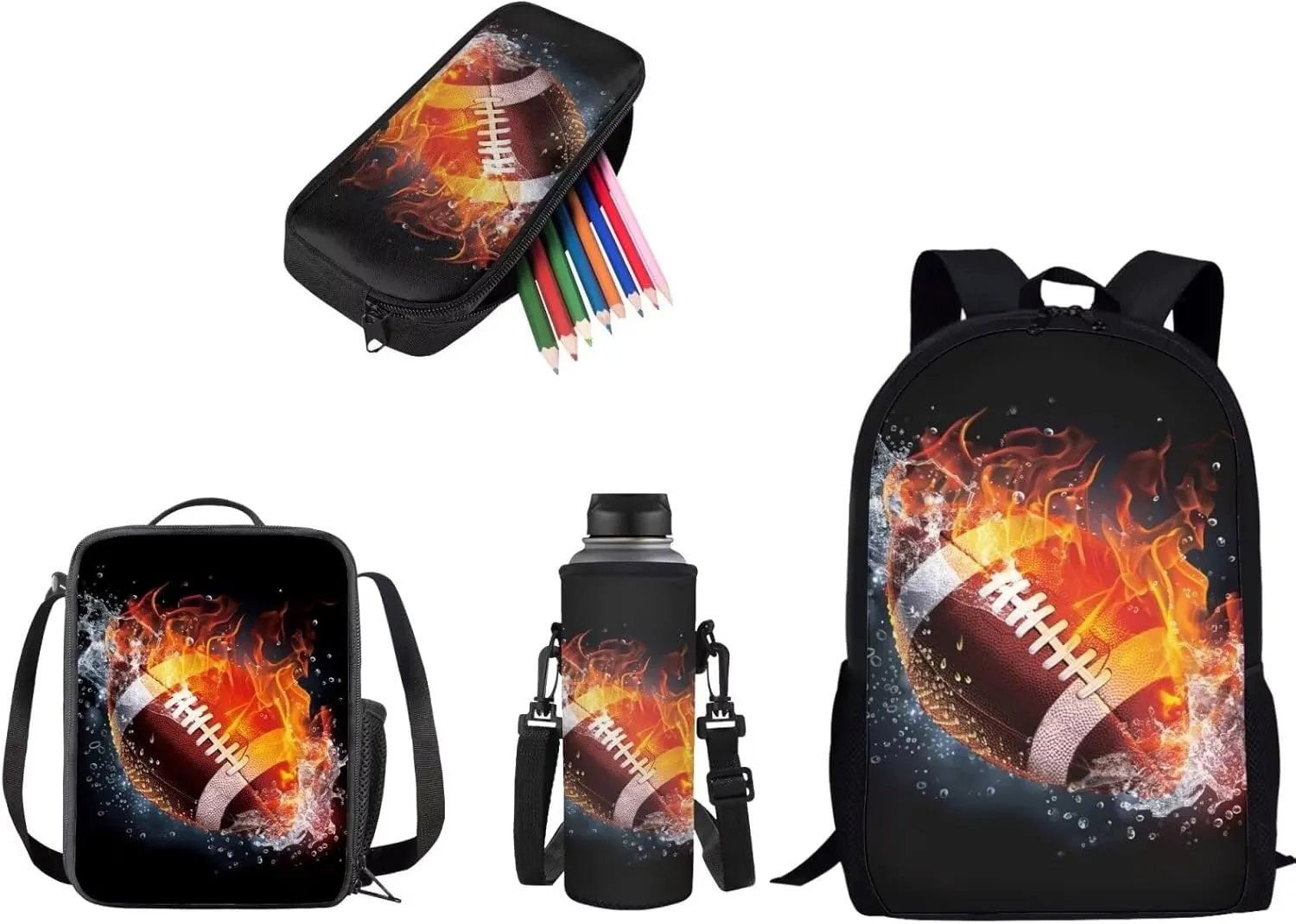 American Football Backpack for Boys School Bag with Lunch Bag Pencil Case Water Bottle Holder Kids Middle Elementary Bookbags Back to School Gifts Set 4 in 1