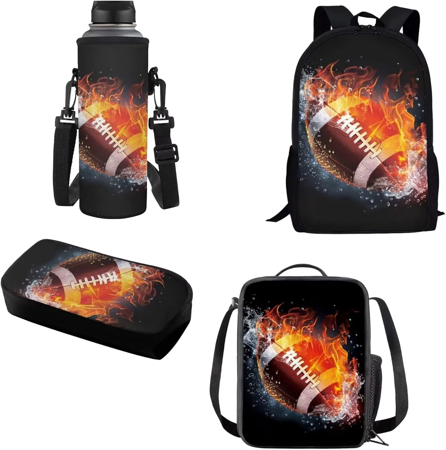American Football Backpack for Boys School Bag with Lunch Bag Pencil Case Water Bottle Holder Kids Middle Elementary Bookbags Back to School Gifts Set 4 in 1