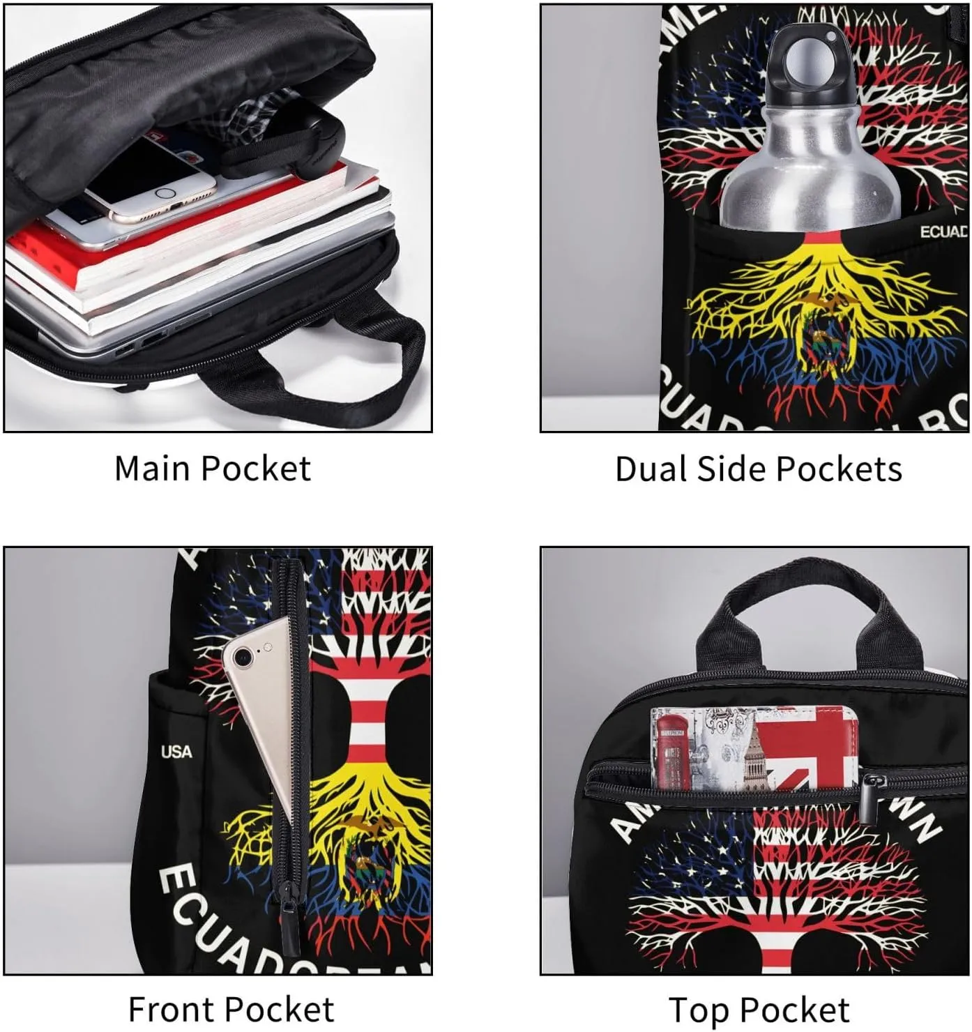 American Grown Ecuadorian Roots Ecuador Flag Casual Backpacks Large Capacity Laptop Backpack Sports Fitness Rucksack Travel Carry-On Daypack Work Bag for Outdoor Camping