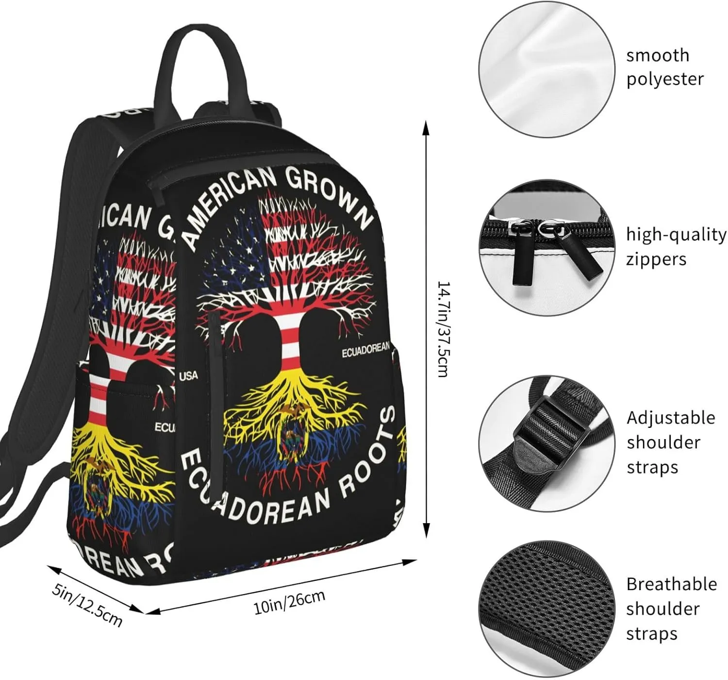 American Grown Ecuadorian Roots Ecuador Flag Casual Backpacks Large Capacity Laptop Backpack Sports Fitness Rucksack Travel Carry-On Daypack Work Bag for Outdoor Camping