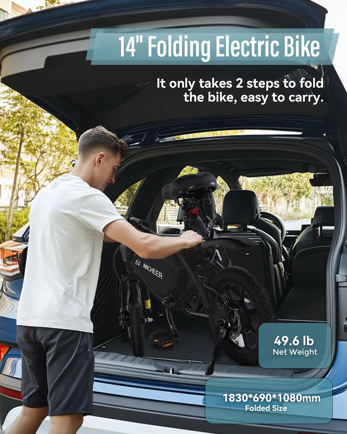 ANCHEER 14” Folding Electric Bike for Adults, 20MPH Ebike with 350W Motor[Peak 500W], 48V 374Wh Battery, Rigid/Dual Suspension, UL 2849 Certified Electric Bicycle, Compact Electric Mini Bike for Teens