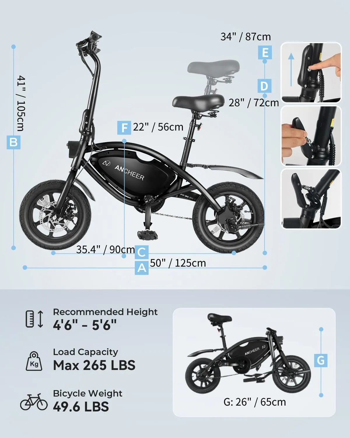 ANCHEER 14” Folding Electric Bike for Adults, 20MPH Ebike with 350W Motor[Peak 500W], 48V 374Wh Battery, Rigid/Dual Suspension, UL 2849 Certified Electric Bicycle, Compact Electric Mini Bike for Teens