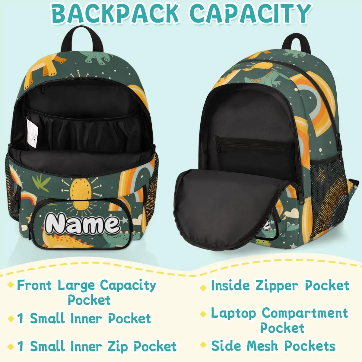 Animals Dinosaurs Large Custom Backpack with Name Lightweight Personalized Shoulder Bag Backpack for Women Men Waterproof Casual Daypack Laptop Bag 16.7in