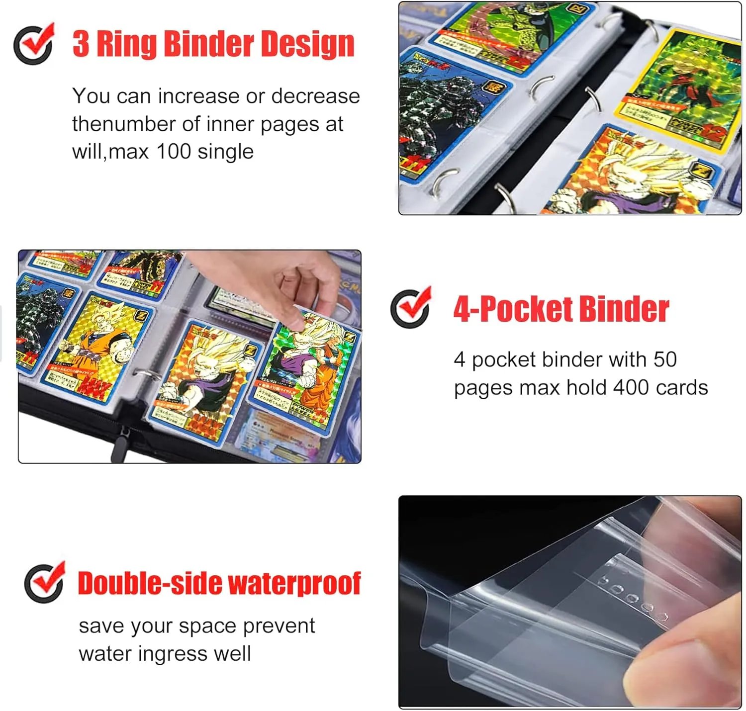 Anime Trading Card Binder for Dragon Ball, One Piece TCG - 4 Pocket With 50 Sleeves, Up to 400 Cards - Waterproof Son Goku Storage Book, Dragonball Z Display Case