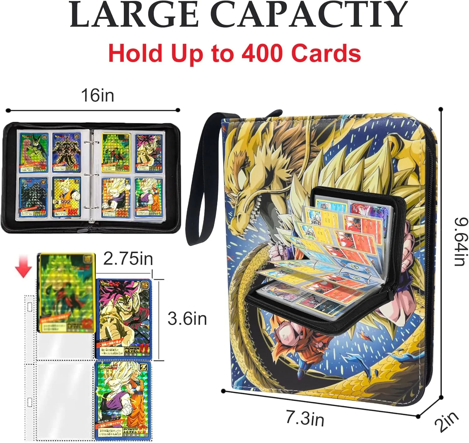 Anime Trading Card Binder for Dragon Ball, One Piece TCG - 4 Pocket With 50 Sleeves, Up to 400 Cards - Waterproof Son Goku Storage Book, Dragonball Z Display Case