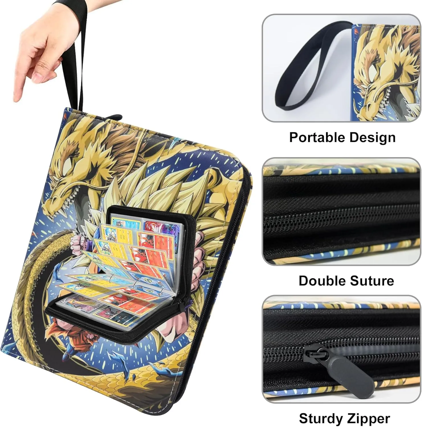 Anime Trading Card Binder for Dragon Ball, One Piece TCG - 4 Pocket With 50 Sleeves, Up to 400 Cards - Waterproof Son Goku Storage Book, Dragonball Z Display Case
