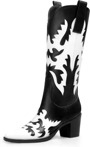ANN CREEK Women's 'Claremont' Sexy Cowboy Boots Mid Calf Knee-high Patchwork Dressy Cowgirl Western Woman Chunky Heel Pointed Toe Trendy Knee High Tall Boots