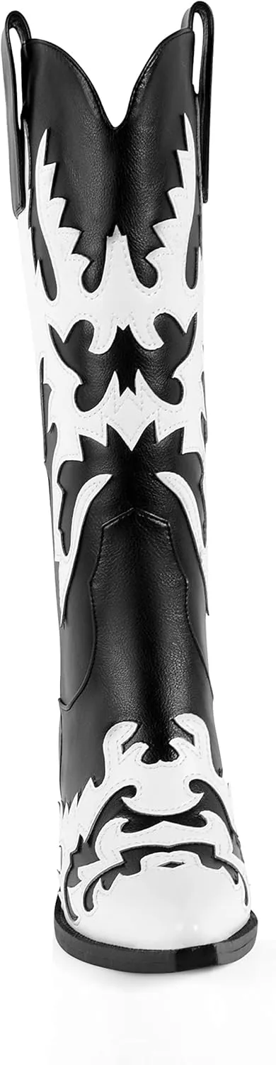 ANN CREEK Women's 'Claremont' Sexy Cowboy Boots Mid Calf Knee-high Patchwork Dressy Cowgirl Western Woman Chunky Heel Pointed Toe Trendy Knee High Tall Boots
