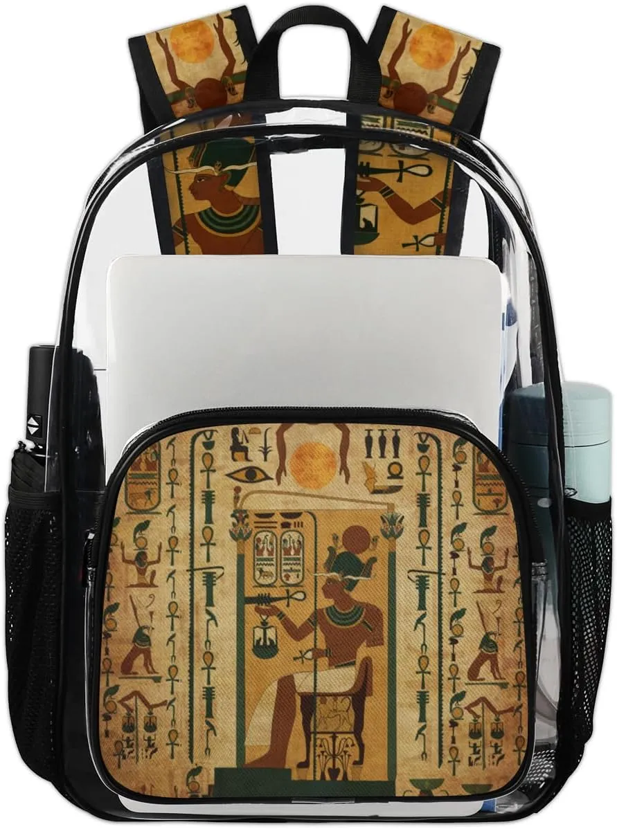 Antique Egyptian Hieroglyph Heavy Duty Clear Backpack Egyptian Pattern Large See Through Backpacks PVC Transparent Clear Bag for Women Men Security Stadium Work Travel Events Concert