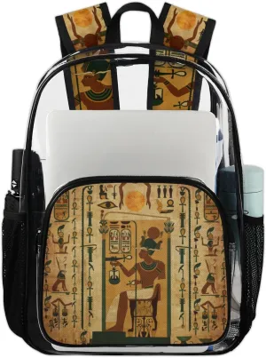 Antique Egyptian Hieroglyph Heavy Duty Clear Backpack Egyptian Pattern Large See Through Backpacks PVC Transparent Clear Bag for Women Men Security Stadium Work Travel Events Concert
