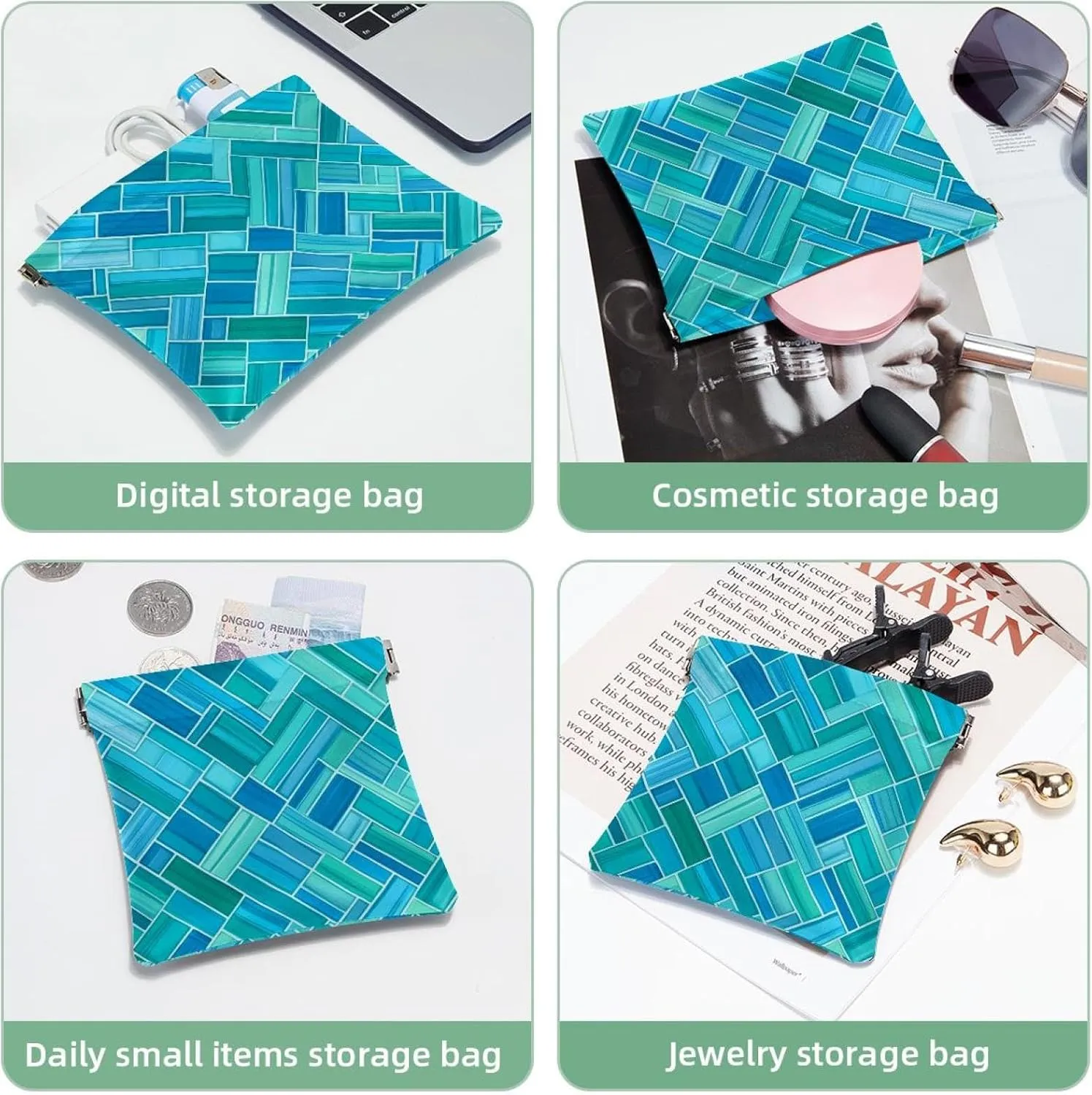 Aqua Blue Turquoise and Teal Rectangle Art Pattern Pocket Cosmetic Bag, Waterproof Squeeze Makeup Bag No Zipper Self-Closing, Portable Mini Travel Storage for Headphones Jewelry