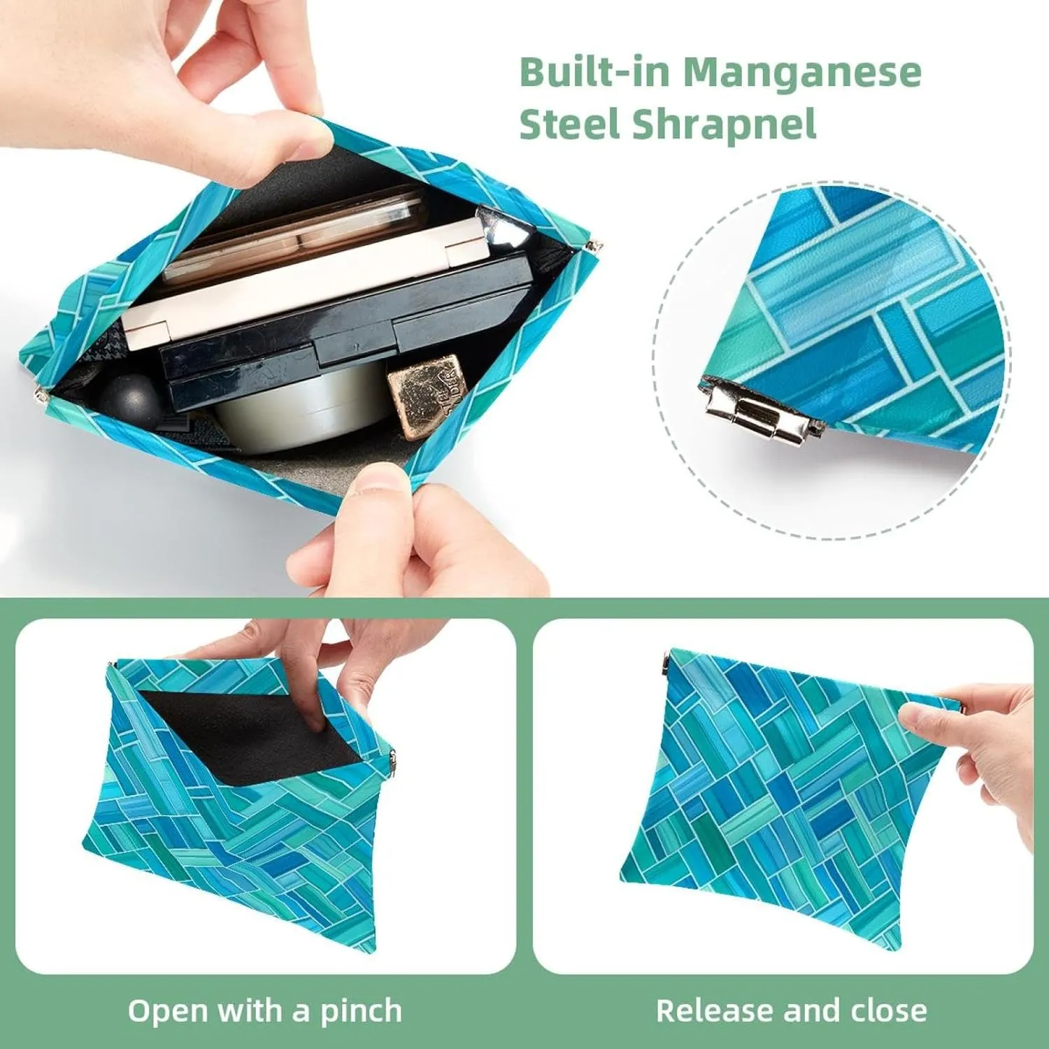 Aqua Blue Turquoise and Teal Rectangle Art Pattern Pocket Cosmetic Bag, Waterproof Squeeze Makeup Bag No Zipper Self-Closing, Portable Mini Travel Storage for Headphones Jewelry