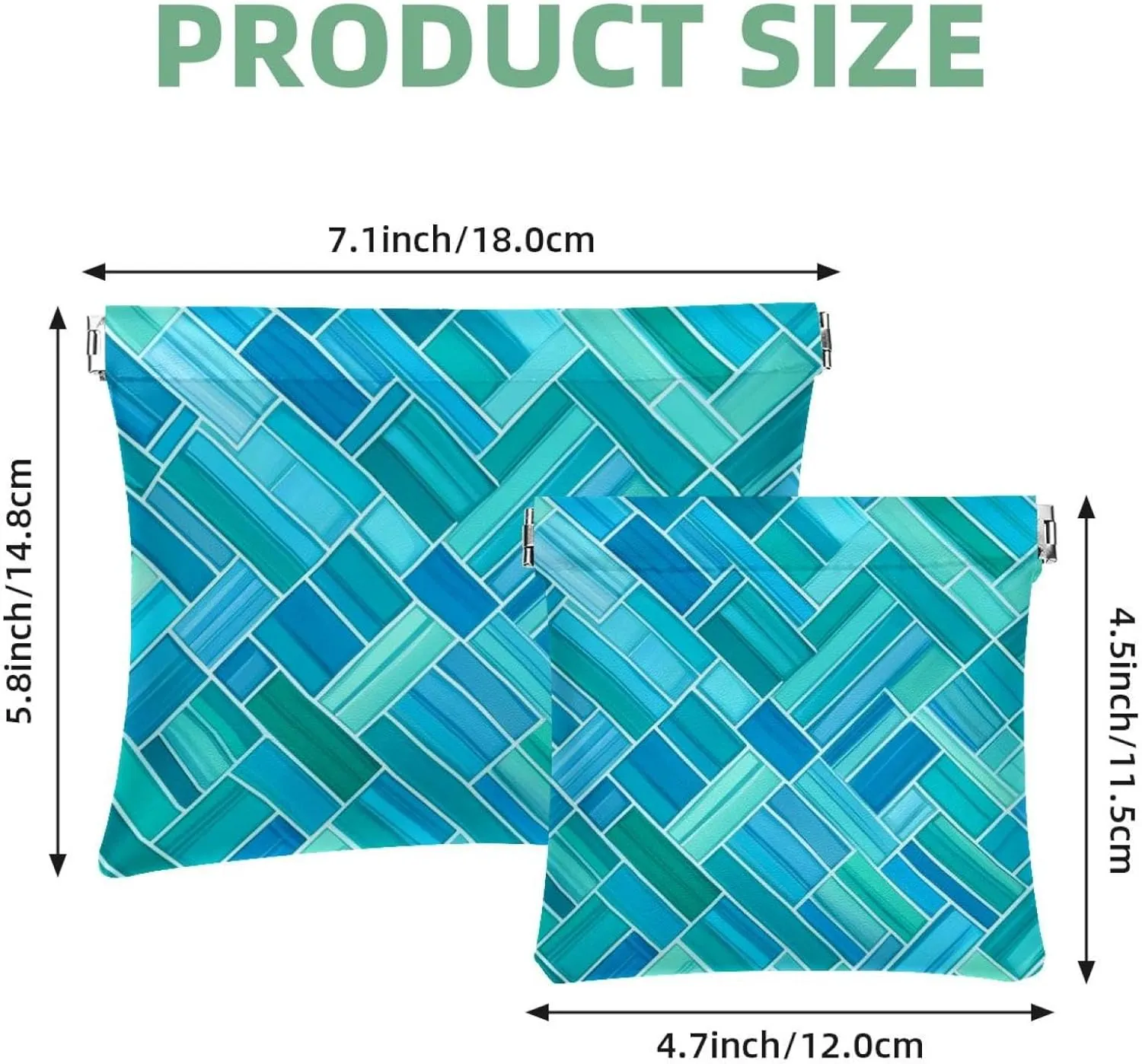 Aqua Blue Turquoise and Teal Rectangle Art Pattern Pocket Cosmetic Bag, Waterproof Squeeze Makeup Bag No Zipper Self-Closing, Portable Mini Travel Storage for Headphones Jewelry
