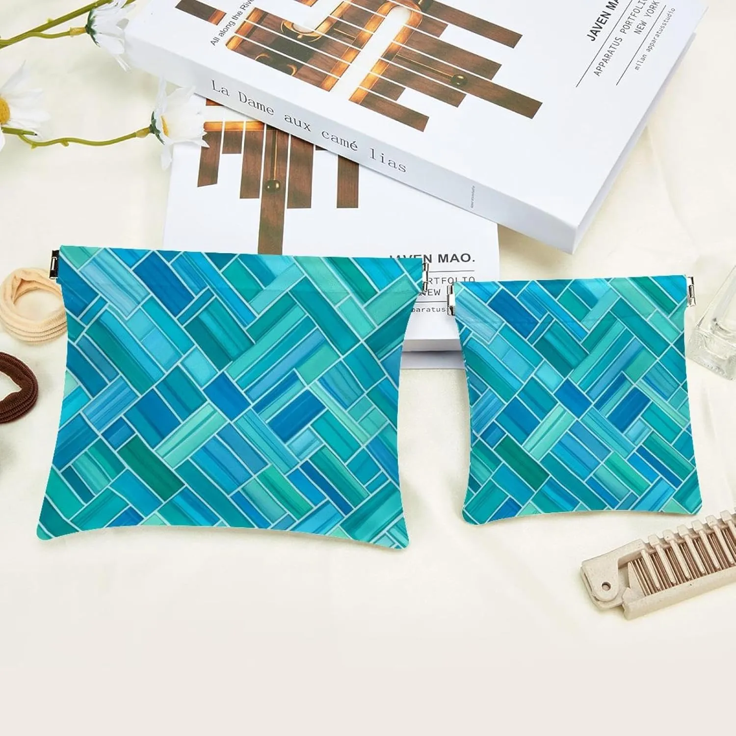 Aqua Blue Turquoise and Teal Rectangle Art Pattern Pocket Cosmetic Bag, Waterproof Squeeze Makeup Bag No Zipper Self-Closing, Portable Mini Travel Storage for Headphones Jewelry