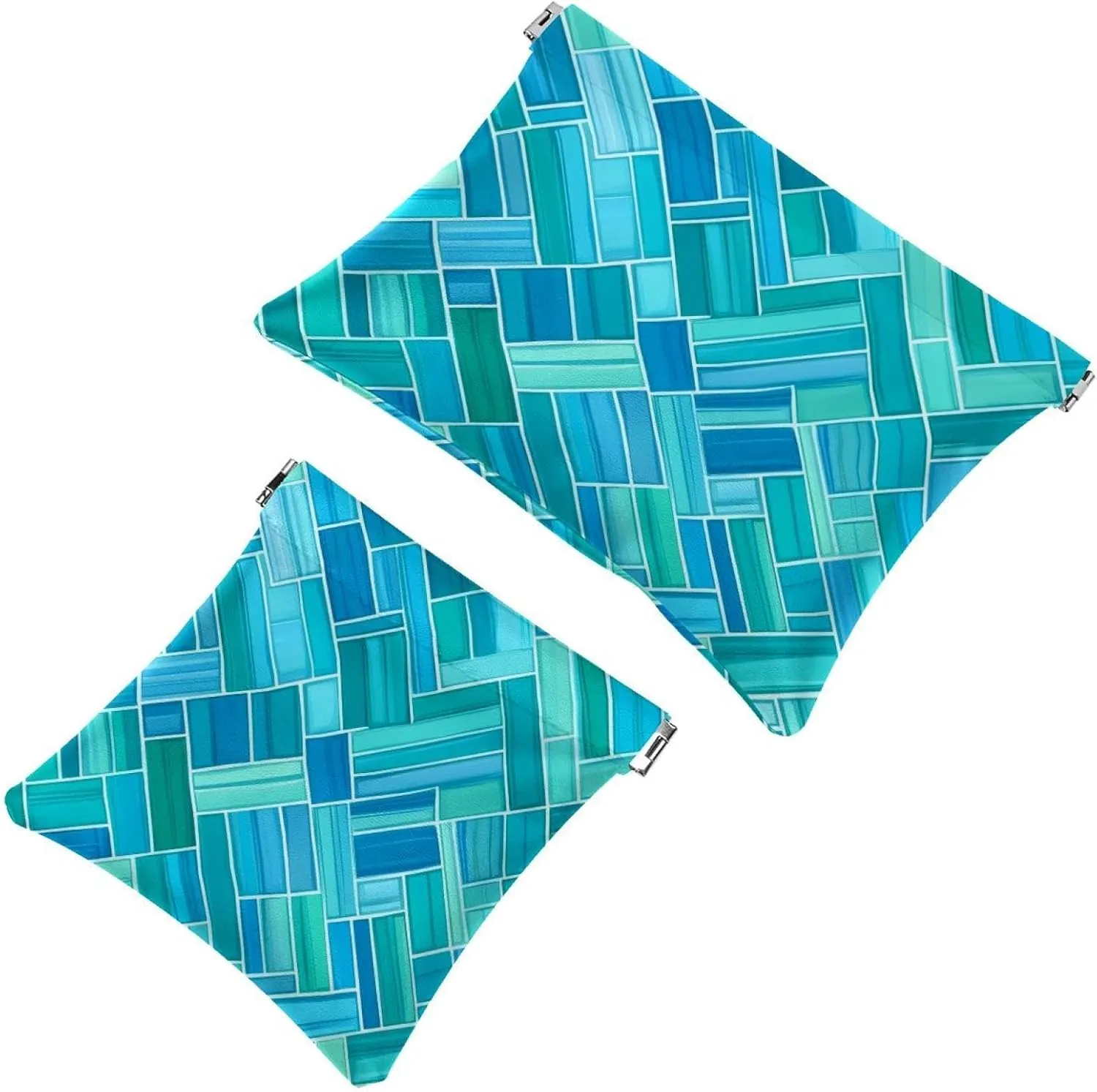 Aqua Blue Turquoise and Teal Rectangle Art Pattern Pocket Cosmetic Bag, Waterproof Squeeze Makeup Bag No Zipper Self-Closing, Portable Mini Travel Storage for Headphones Jewelry