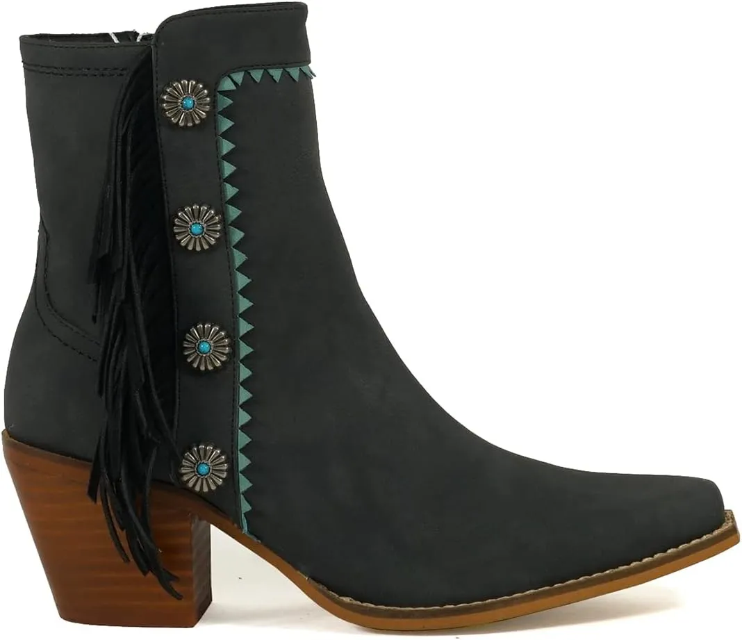ARiIDER GIRL Gizelle Women's Mid Calf Fringe Booties Snip Toe Stacked Heel Buckle Studded Western Boots…