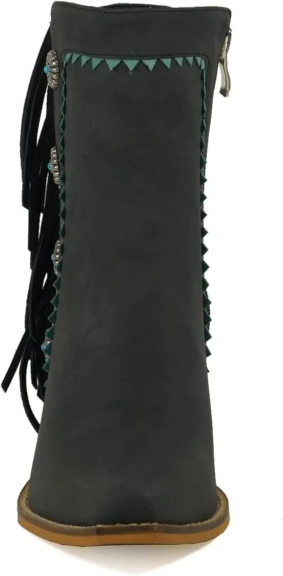 ARiIDER GIRL Gizelle Women's Mid Calf Fringe Booties Snip Toe Stacked Heel Buckle Studded Western Boots…