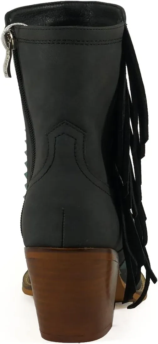 ARiIDER GIRL Gizelle Women's Mid Calf Fringe Booties Snip Toe Stacked Heel Buckle Studded Western Boots…