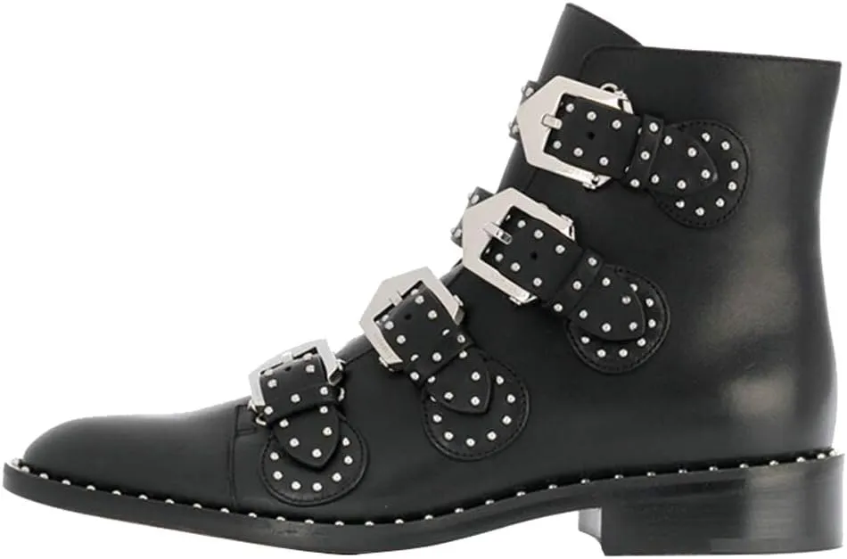 Arqa Studded Ankle Boots for Women Round Toe Rivet Buckle Strap Riding Boot Low Heel Motorcycle Booties