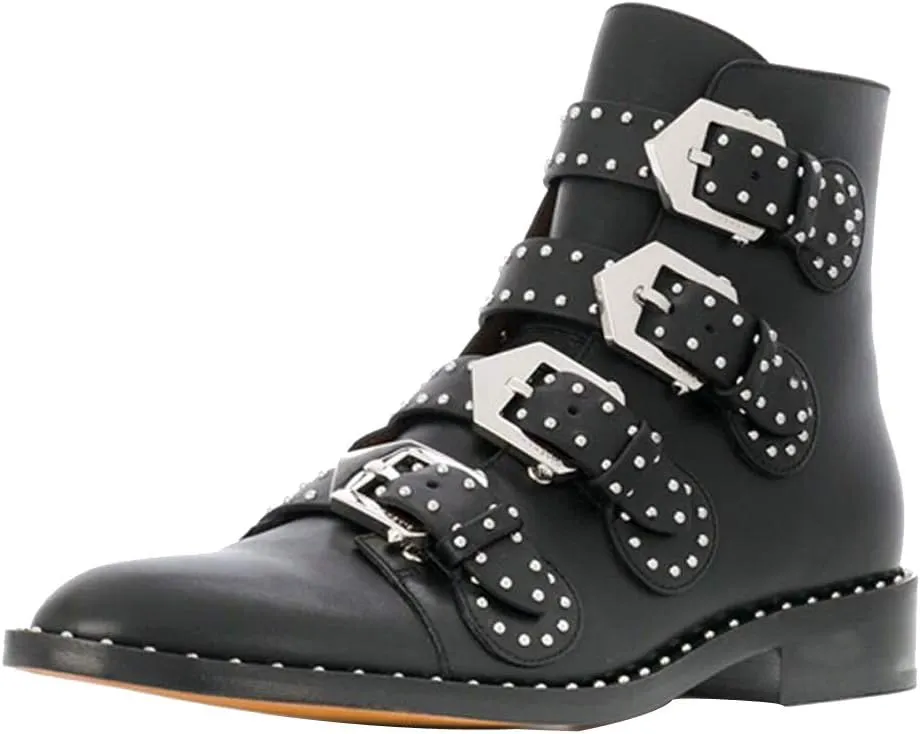 Arqa Studded Ankle Boots for Women Round Toe Rivet Buckle Strap Riding Boot Low Heel Motorcycle Booties