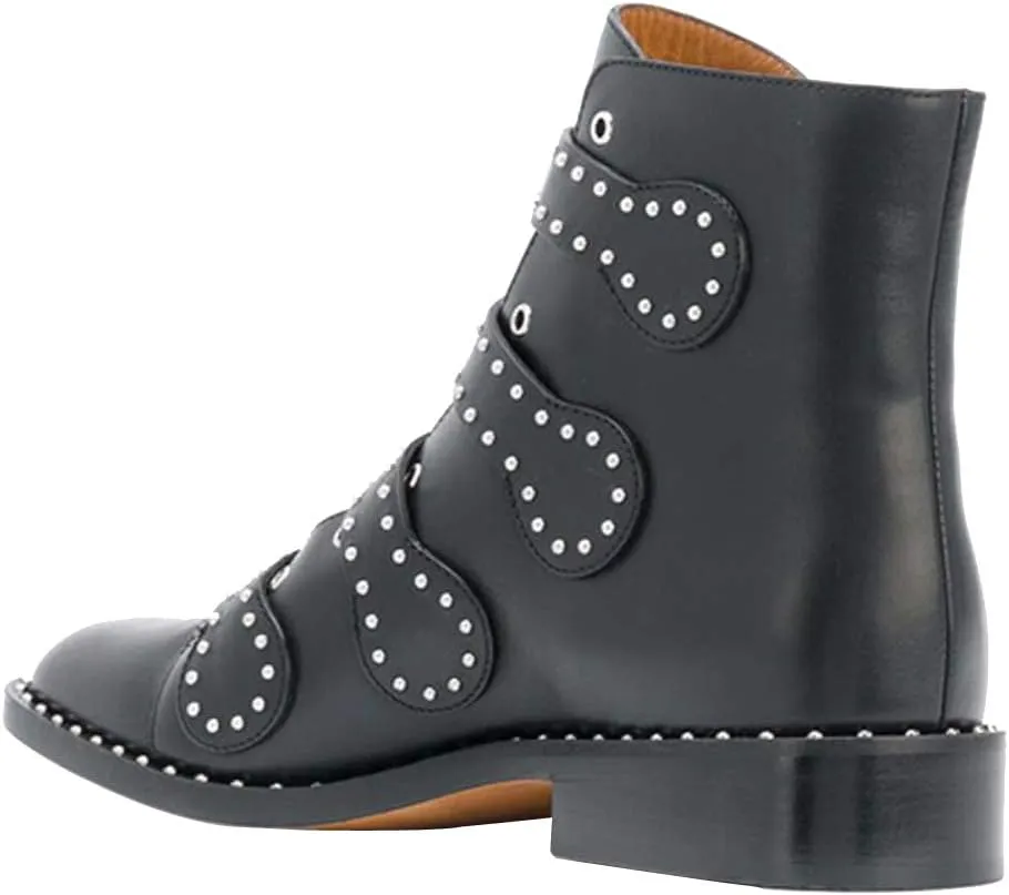 Arqa Studded Ankle Boots for Women Round Toe Rivet Buckle Strap Riding Boot Low Heel Motorcycle Booties