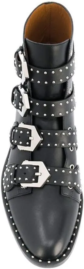 Arqa Studded Ankle Boots for Women Round Toe Rivet Buckle Strap Riding Boot Low Heel Motorcycle Booties