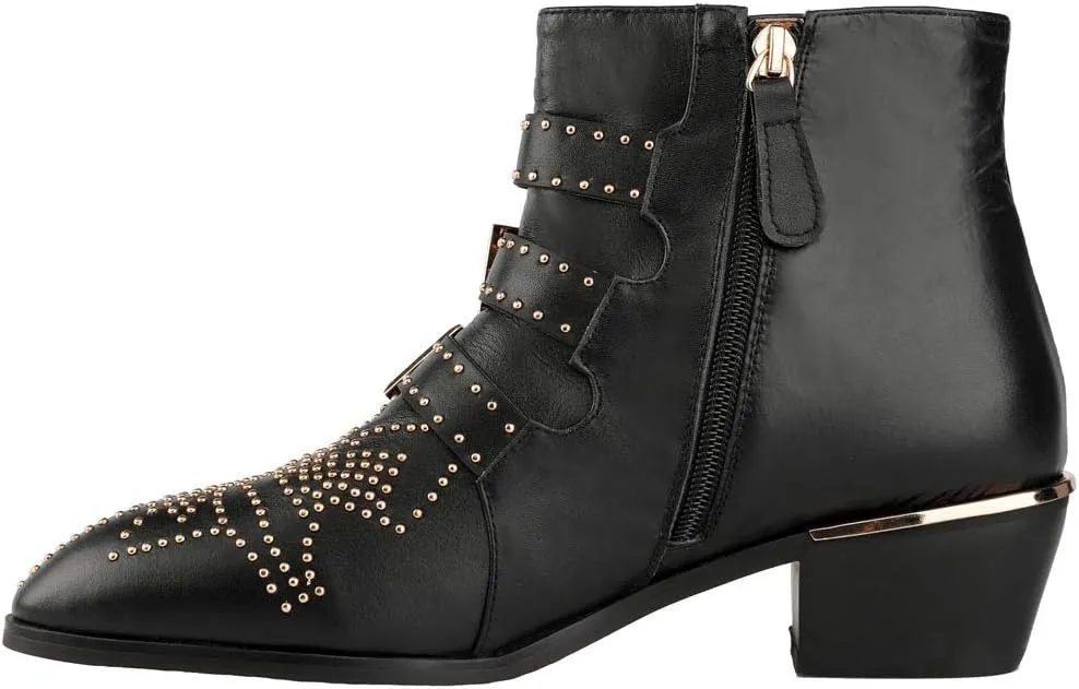 Arqa Women's Studded Ankle Boots Leather Multiple Buckle Chunky Heel Booties Almond Toe Zipper Punk Boot
