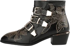 Arqa Women's Studded Ankle Boots Leather Multiple Buckle Chunky Heel Booties Almond Toe Zipper Punk Boot
