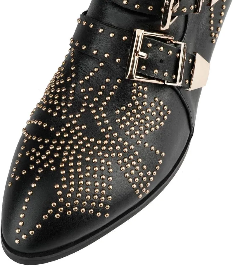 Arqa Women's Studded Ankle Boots Leather Multiple Buckle Chunky Heel Booties Almond Toe Zipper Punk Boot