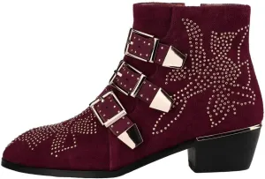 Arqa Women's Studded Ankle Boots Leather Multiple Buckle Chunky Heel Booties Almond Toe Zipper Punk Boot