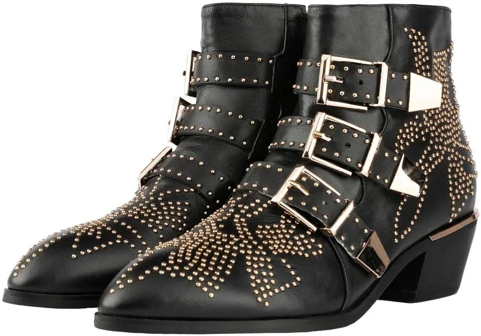 Arqa Women's Studded Ankle Boots Leather Multiple Buckle Chunky Heel Booties Almond Toe Zipper Punk Boot