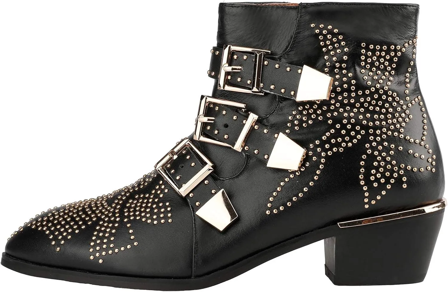 Arqa Women's Studded Ankle Boots Leather Multiple Buckle Chunky Heel Booties Almond Toe Zipper Punk Boot