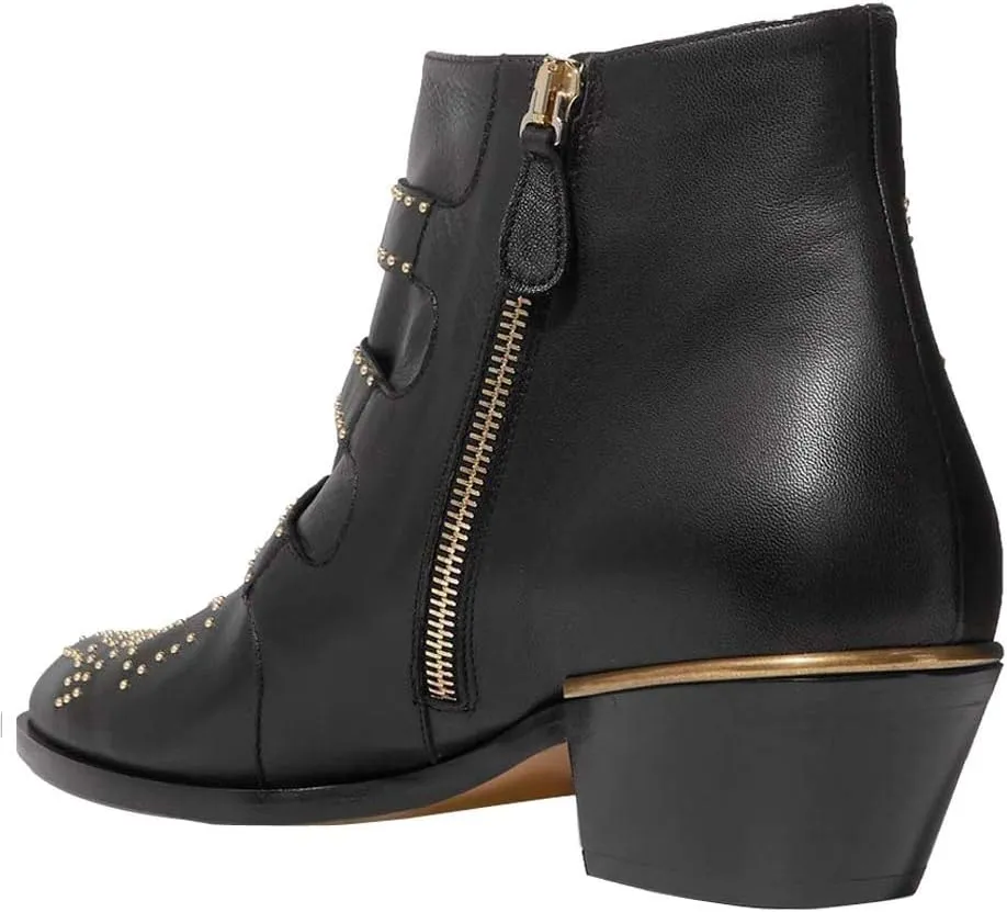 Arqa Women's Studded Ankle Boots Leather Multiple Buckle Chunky Heel Booties Almond Toe Zipper Punk Boot