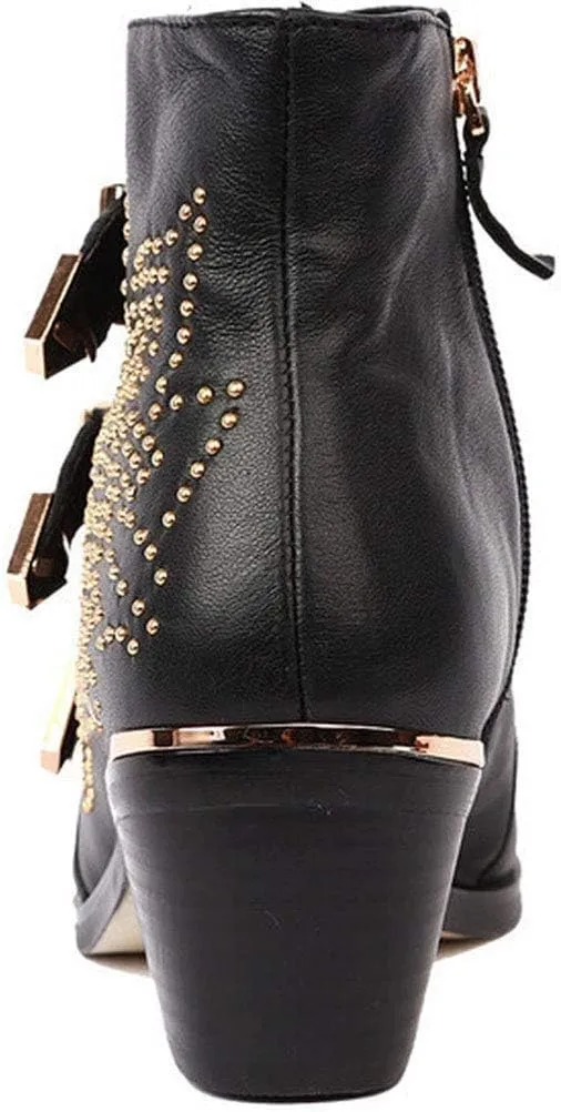 Arqa Women's Studded Ankle Boots Leather Multiple Buckle Chunky Heel Booties Almond Toe Zipper Punk Boot