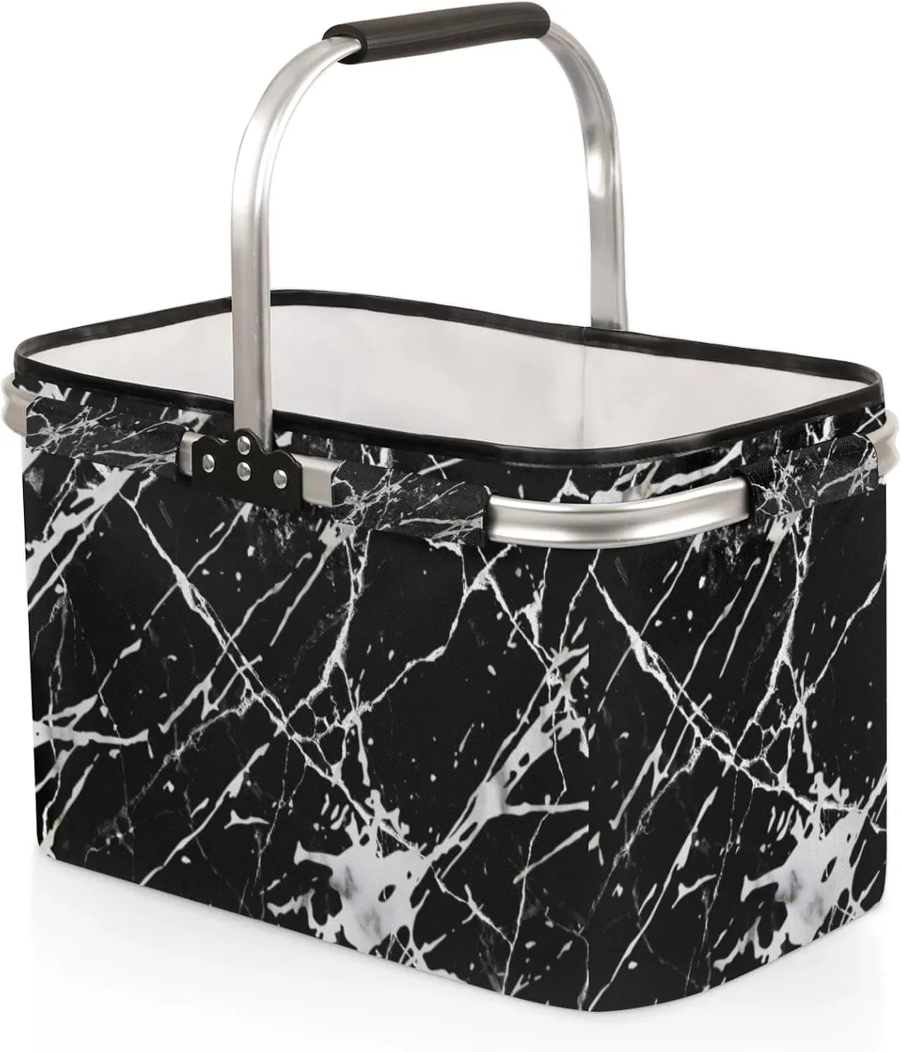Artificial Marble Collapsible Shopping Basket Reusable Grocery Bag Large Leakproof Storage Bins Practical Inner Portable Market Basket with Handles Aluminum Frame for Picnic Travel 40 L