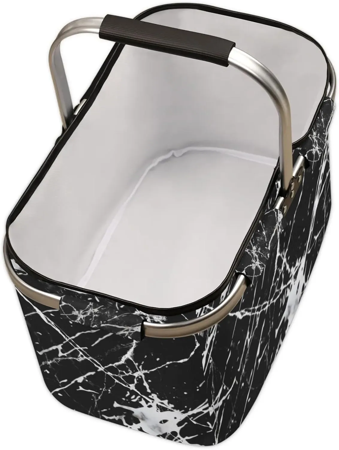 Artificial Marble Collapsible Shopping Basket Reusable Grocery Bag Large Leakproof Storage Bins Practical Inner Portable Market Basket with Handles Aluminum Frame for Picnic Travel 40 L