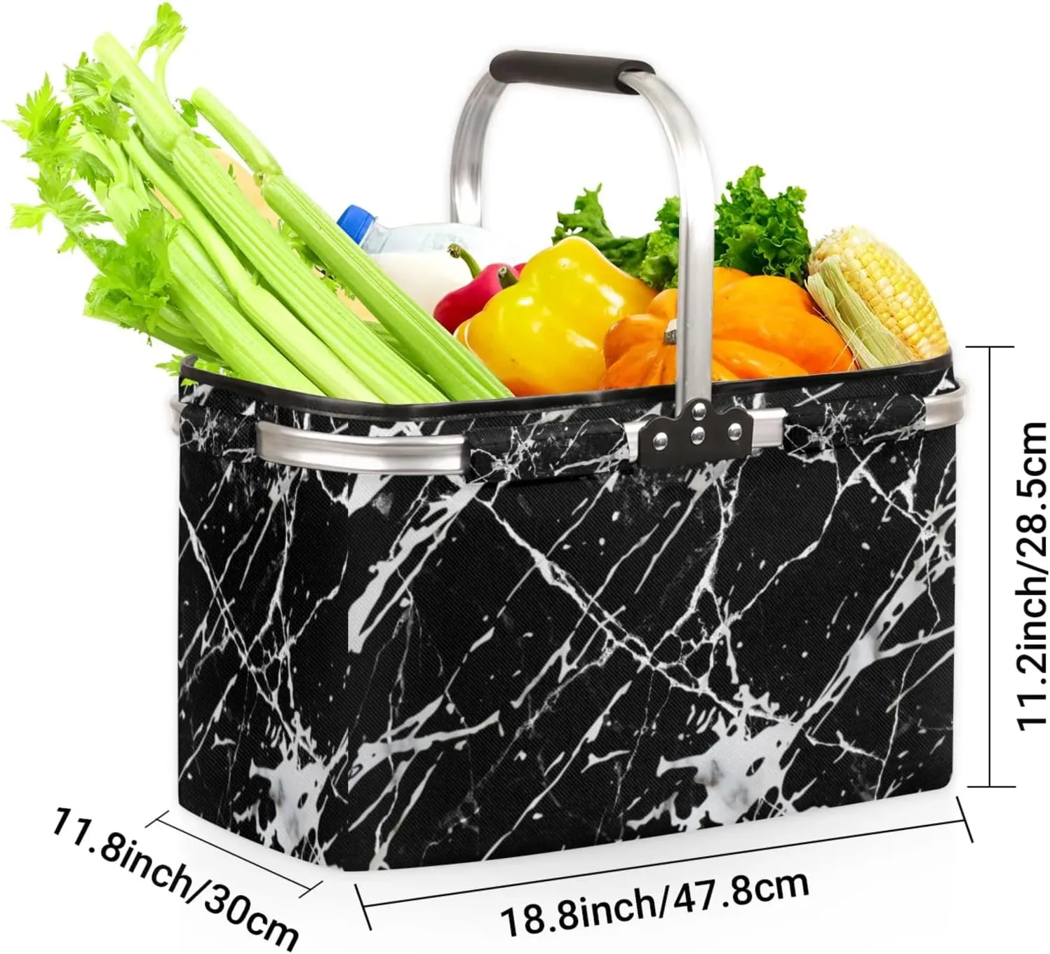 Artificial Marble Collapsible Shopping Basket Reusable Grocery Bag Large Leakproof Storage Bins Practical Inner Portable Market Basket with Handles Aluminum Frame for Picnic Travel 40 L