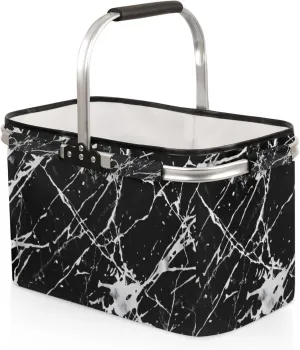 Artificial Marble Collapsible Shopping Basket Reusable Grocery Bag Large Leakproof Storage Bins Practical Inner Portable Market Basket with Handles Aluminum Frame for Picnic Travel 40 L