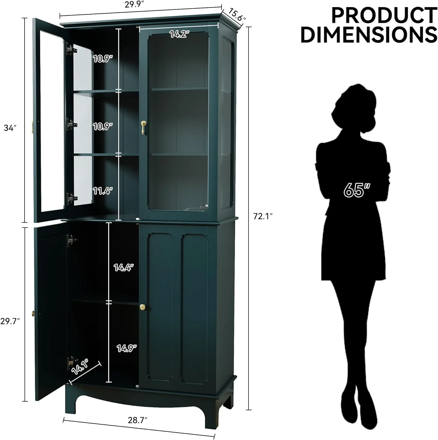 ARTPOWER 72" Freestanding Kitchen Pantry Storage Sideboard, Classical Tall Cabinet with Glass Door and Adjustable Shelves for Kitchen, Livingroom and Dining Room, Dark Teal