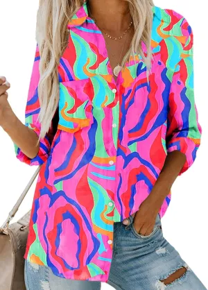 Astylish Women V Neck Striped Roll up Sleeve Button Down Blouse Tops