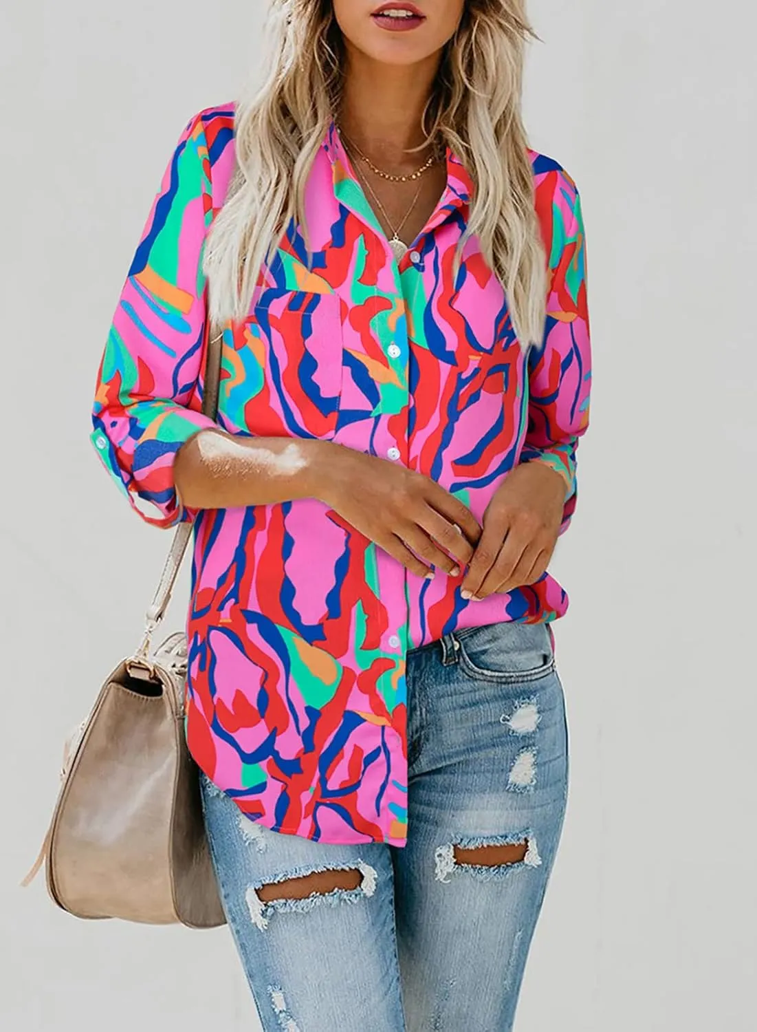Astylish Women V Neck Striped Roll up Sleeve Button Down Blouse Tops