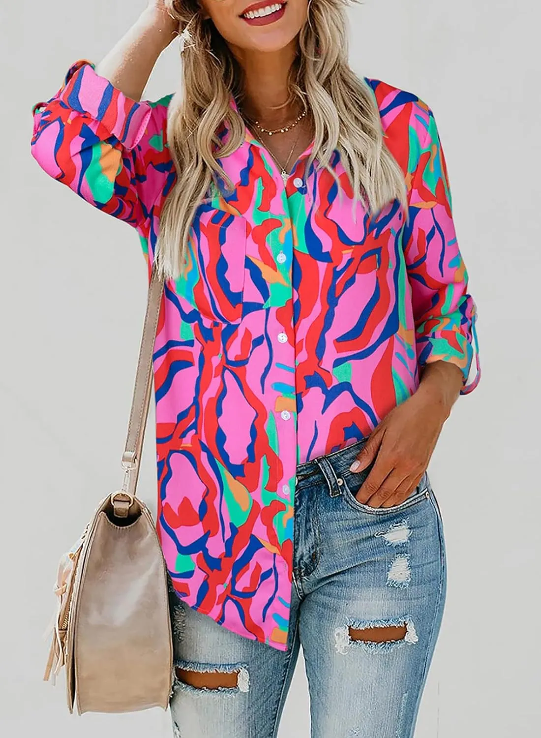 Astylish Women V Neck Striped Roll up Sleeve Button Down Blouse Tops