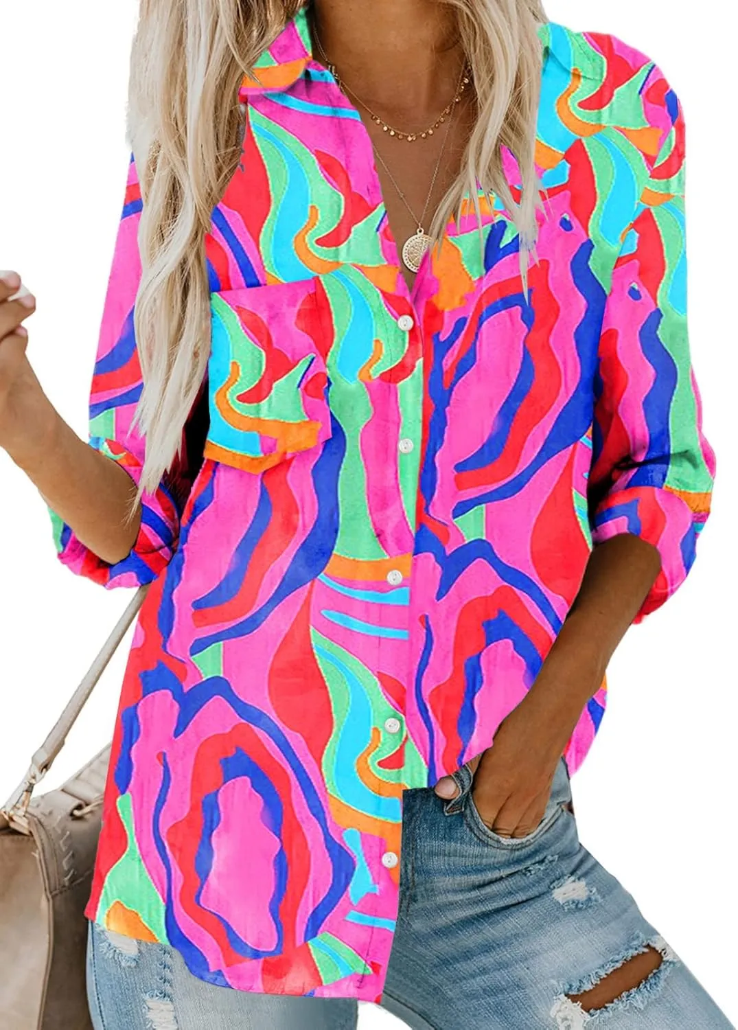 Astylish Women V Neck Striped Roll up Sleeve Button Down Blouse Tops