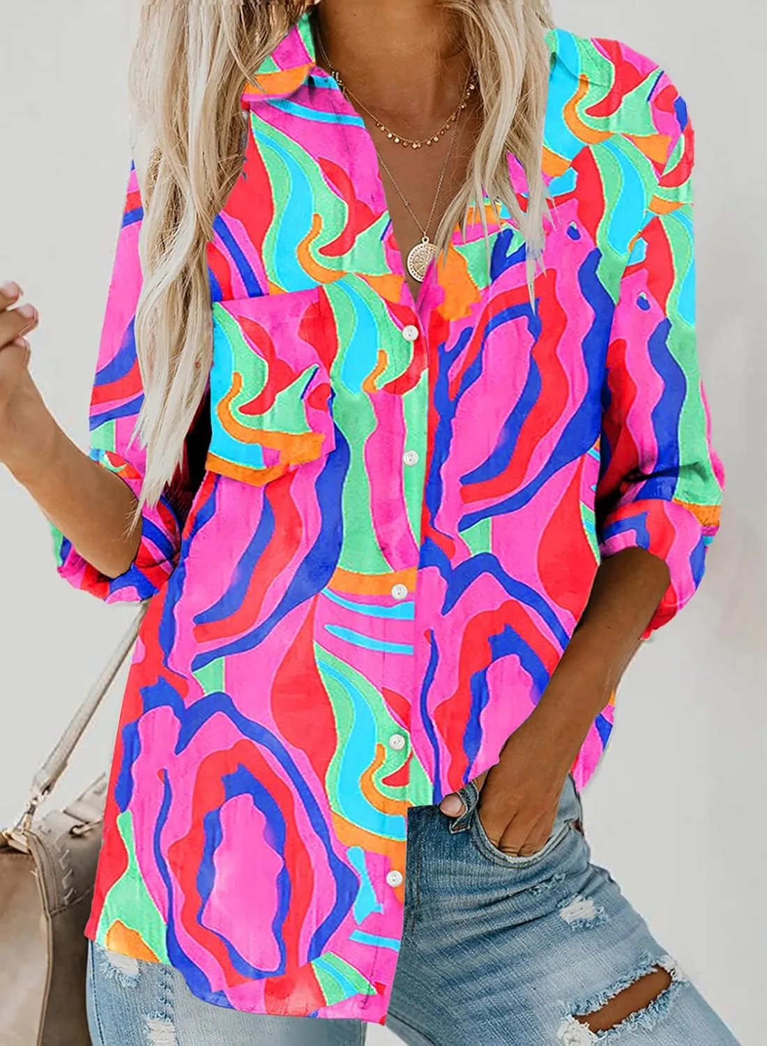 Astylish Women V Neck Striped Roll up Sleeve Button Down Blouse Tops