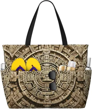 Augenstern Large Capacity Beach Travel Bag Ancient-Mayan-Calendar-Stone Foldable Weekender Bag Women Oversize Tote Bag
