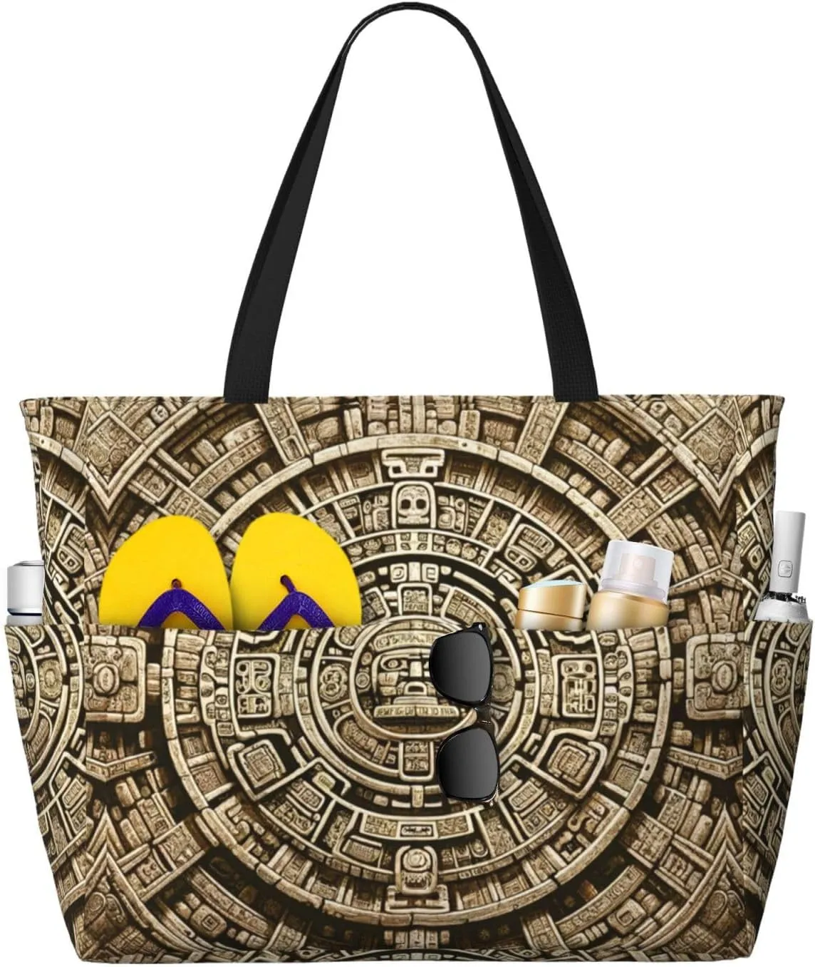 Augenstern Large Capacity Beach Travel Bag Ancient-Mayan-Calendar-Stone Foldable Weekender Bag Women Oversize Tote Bag