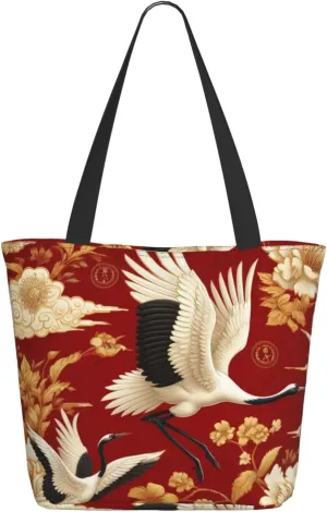 Augenstern Women Shoulder Bag Chinese-Prosperity-Cranes-Peonies Foldable Tote Bag With Zipper Closure Casual Shopping Purse Daily Bag
